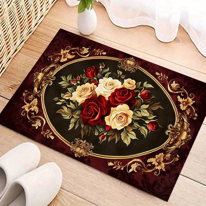 Vintage Floral Rug - Luxury Red & White Rose Design, Polyester Large Area Carpet for Entryway, Living Room & Bedroom