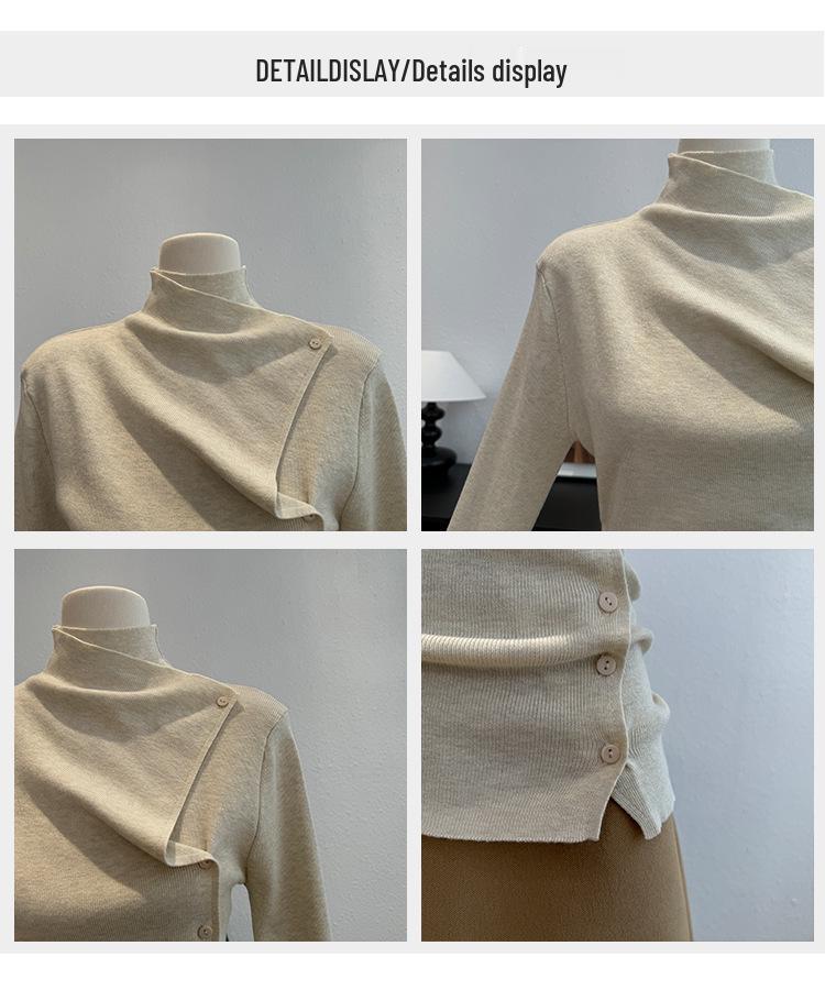 Korean Style High Neck Asymmetrical Long Sleeve Knitwear - Autumn Women's Slimming Sweater Top