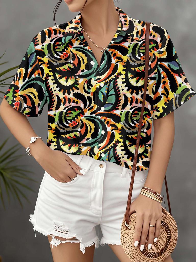 Damen Kurzarm Hemd mit Knöpfen Lebhaftes Abstraktes Verwickeltes Muster Retro Exotisches Design Lässiges Oberteil für den Arbeitsweg Maschinenwaschbar