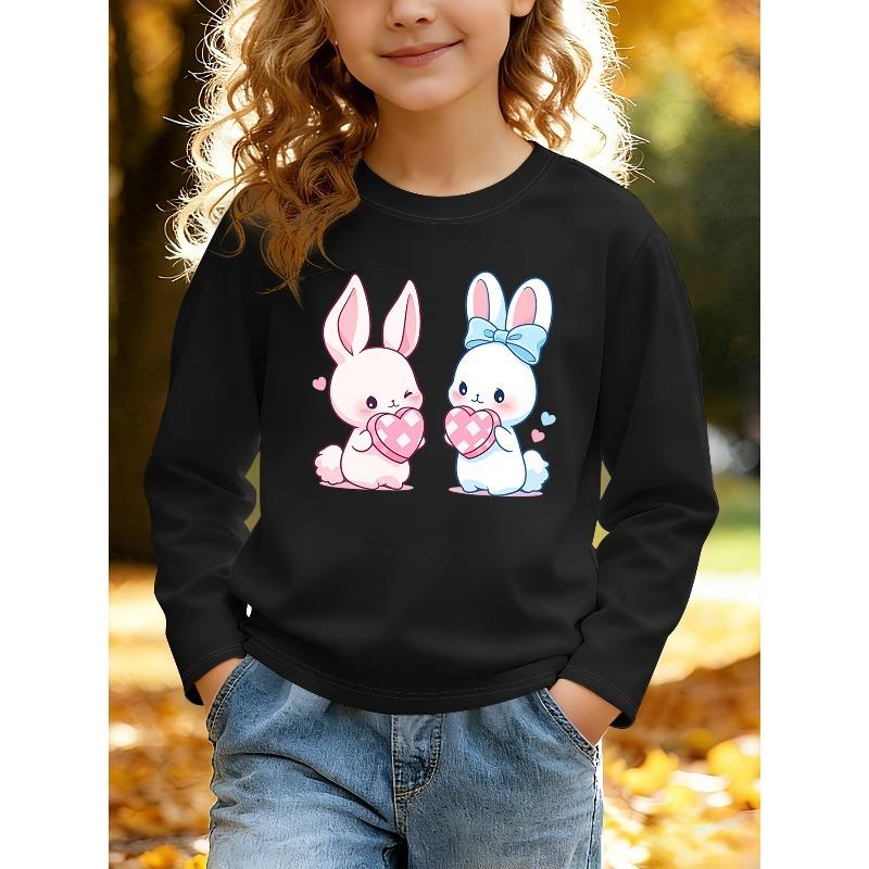 European sizes Kids' Casual Long Sleeve T-Shirt |Cute Cartoon Bunny Heart Pattern,Comfortable Crew Neck Knit Top for Daily Activities and Outdoor Wear
