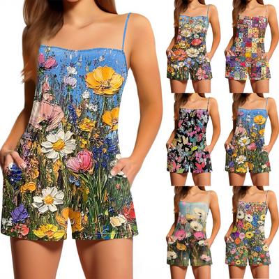 Damen Casual Mode Blumenmuster Ärmellos Hosenträger mit Taschen Jumpsuit Shorts