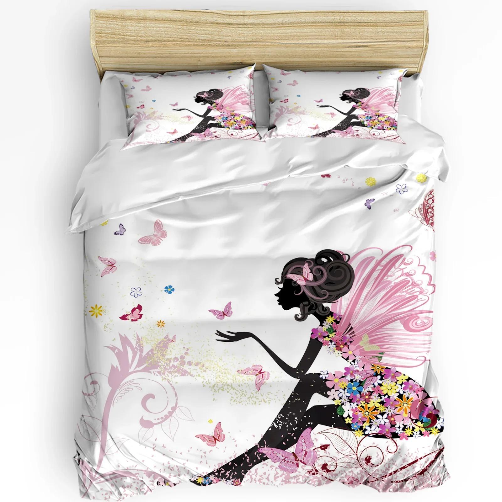 

Cartoon Butterfly Flower Fairy Girl Pink Duvet Cover With Pillow Case 3pcs Bedding Set Quilt Cover Double Bed Home Textile (135x200cm)