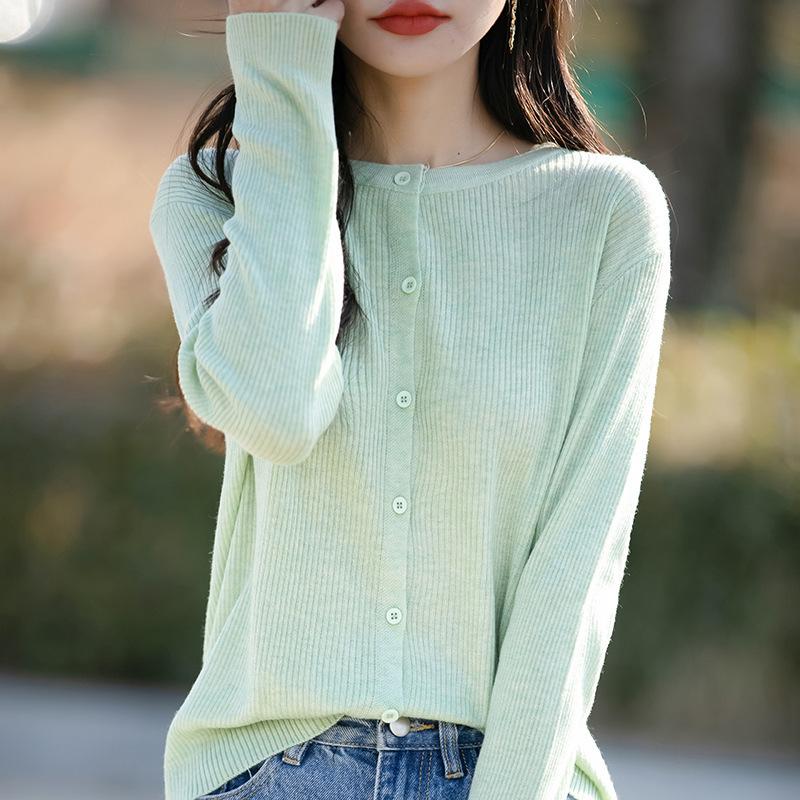 

Новый весенний стиль Вязаный кардиган с круглым вырезом Женский свитер Мини-пальто, Свободный корейский стиль с длинными рукавами для верхней одежды M яблочный зеленый