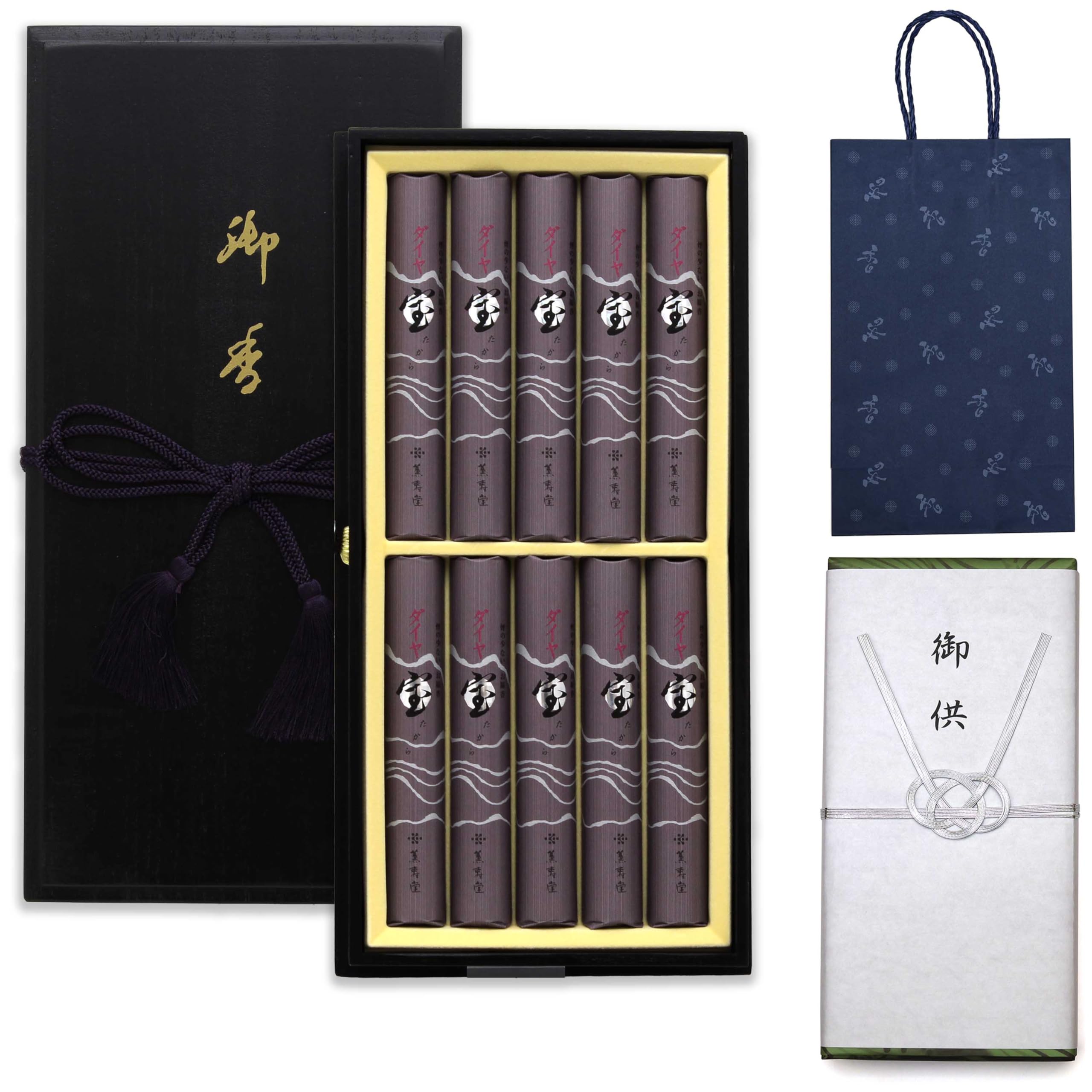 

Condolence Incense Gift Set in Paulownia Wood Box [Takara Diamond Sandalwood with Outer Wrapping and Carry Bag] Made in Japan, Low Smoke, Perfect for