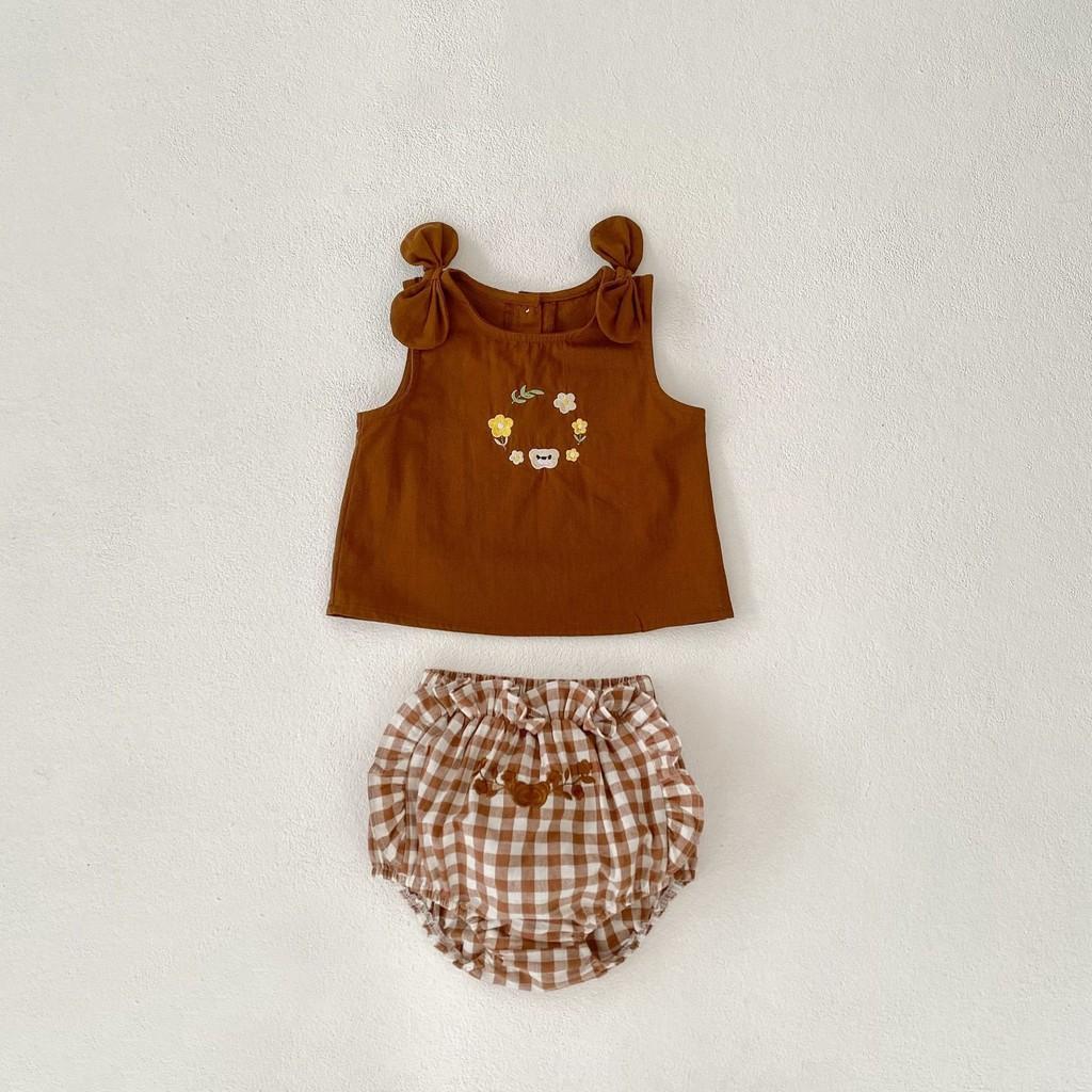 Lovely And Lightweight Two Piece Baby Girl Set With Butterfly Knot And Flower Pattern Brown Check,66cm/25.98in