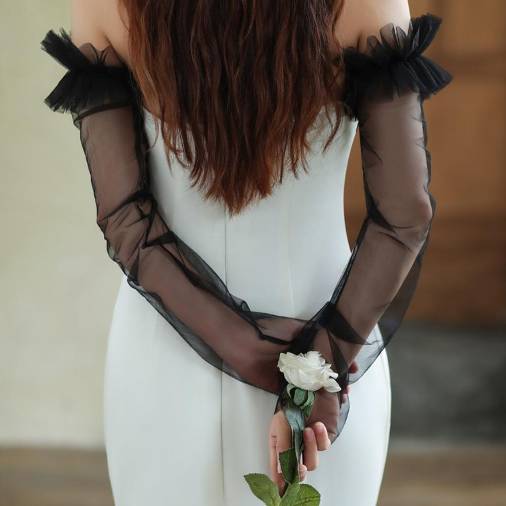 

Свадебные нарукавники в корейском стиле, однотонные, плиссированные, кружевные, для рук, свадебные длинные рукава, для вечеринки чёрный