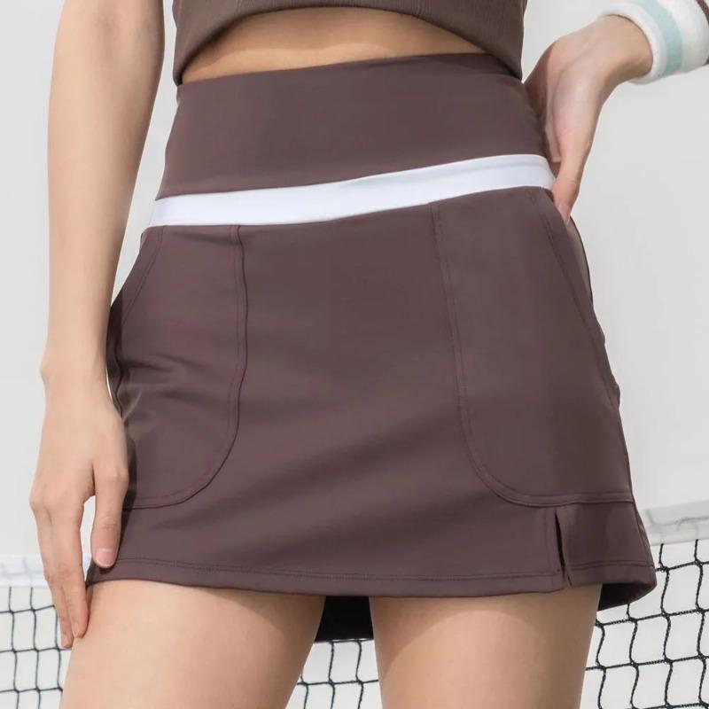 Women High Waist Contrast Waistband Side Slit Pocket Tennis Skort Built-in Shorts Athletic Skirt