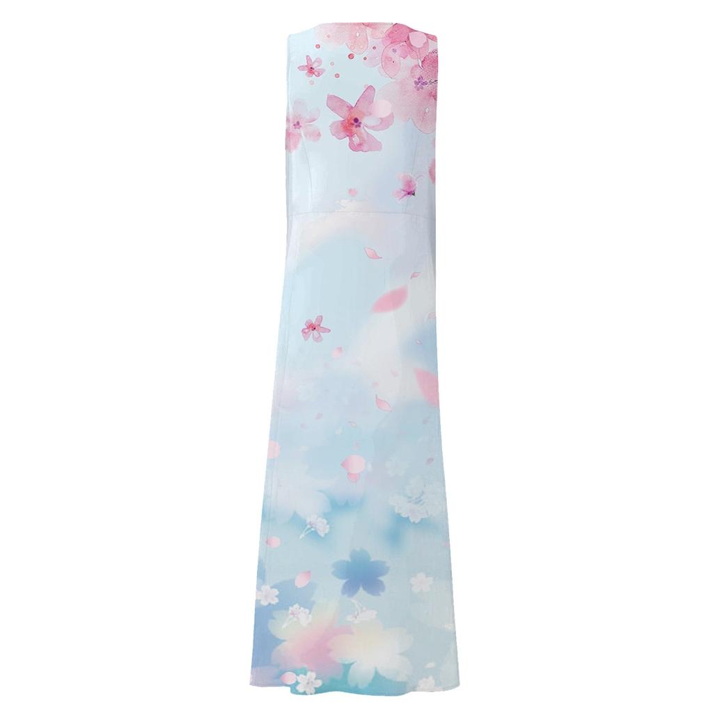 Lässiges, bequemes, ärmelloses Baumwolltaschenkleid mit Blumendruck für Damen