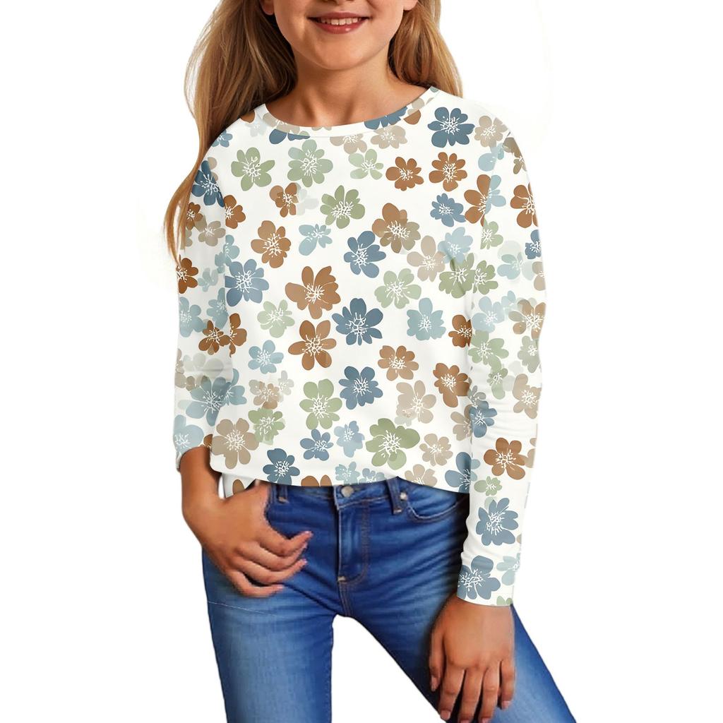 Children's Long Sleeve Tops Casual Print T Shirt Round Neck Pullover Blouse