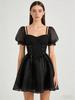 European and American women's clothing dark wind lace waist dress bubble sleeve strap design short skirt hot sale
