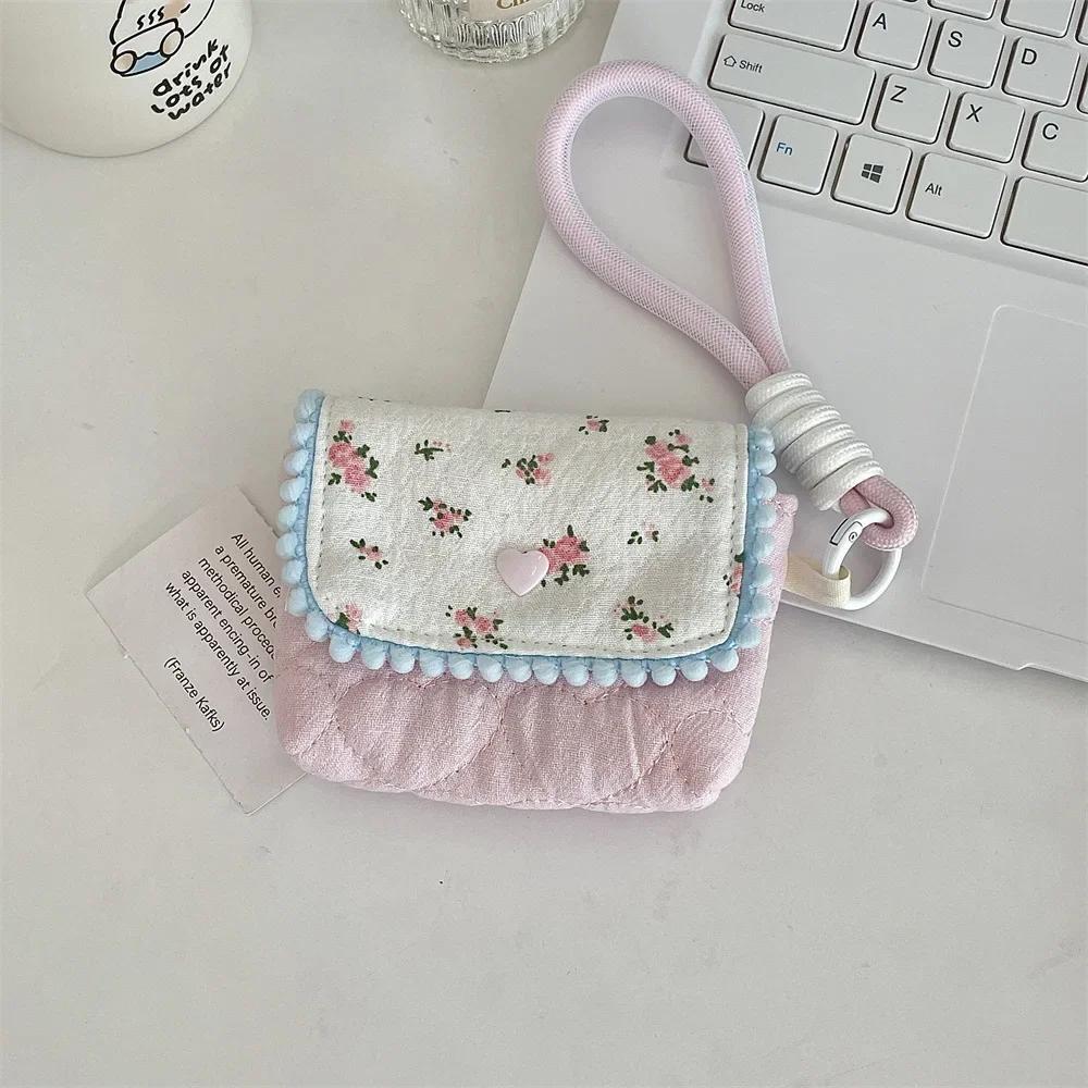 1pc Cute Student Coin Wallet Small Portable Earphone Card Key Storage Bag Floral Korean Ins Style Coin Purse Card Holder Bag