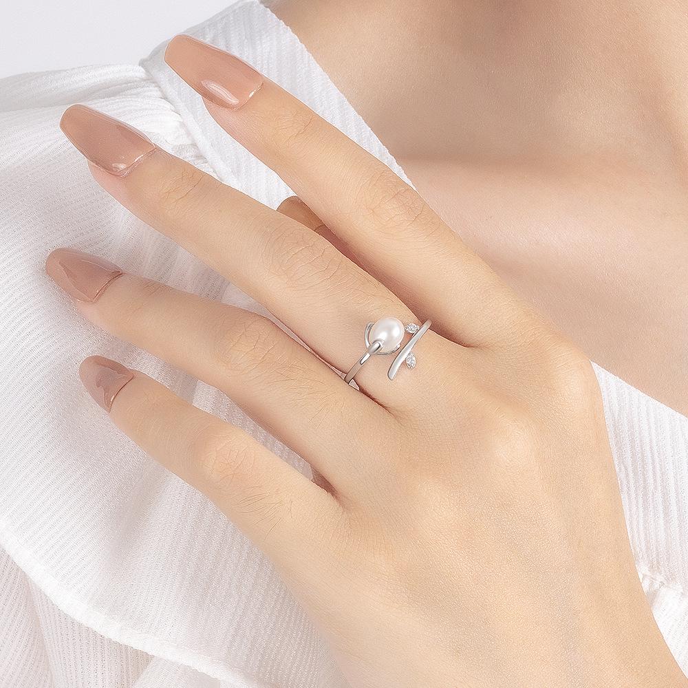 French Minimalist Faux Pearl Twig Ring - Mori Style High-End Open Hand Jewelry