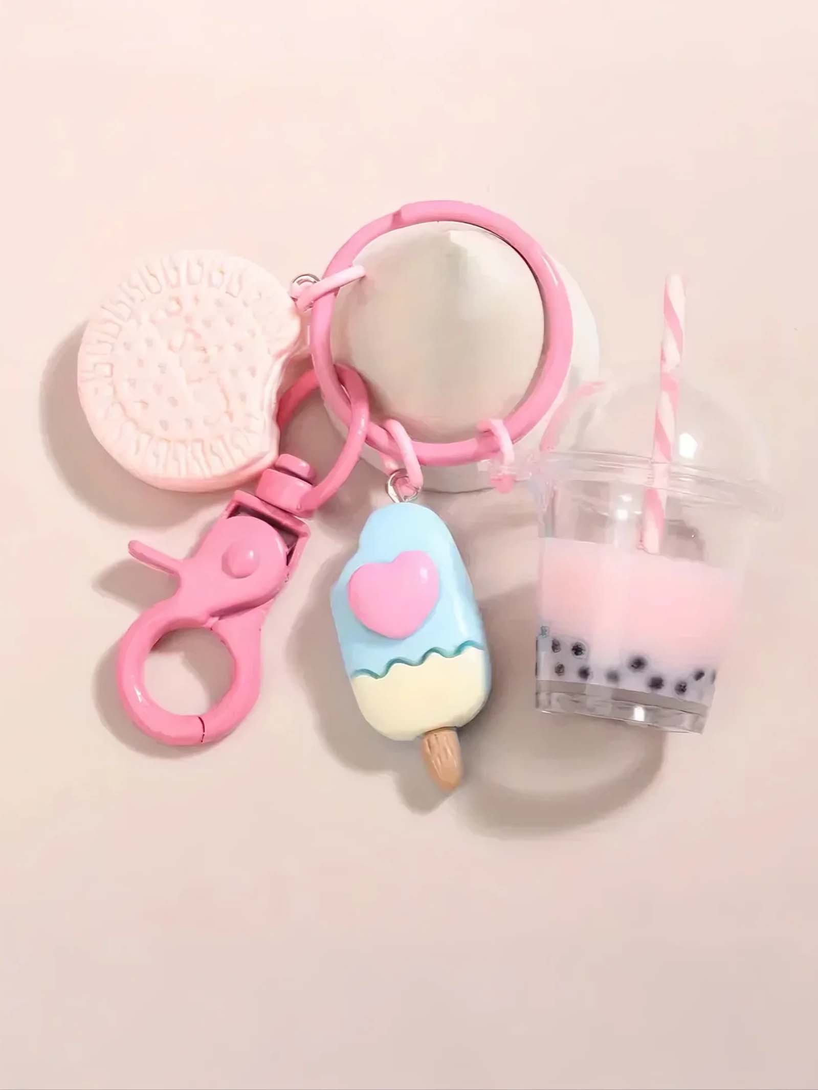 Cute Keychain Ice Cream Bubble Tea Cookies Pink Keychain