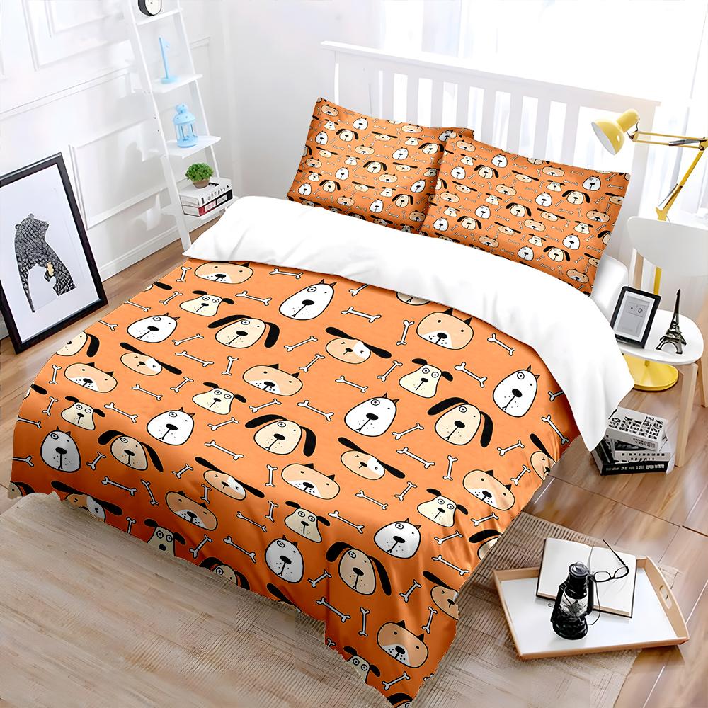 Cartoon dog heads bones background Duvet Cover Set Digital Print Colorful Polyester Bedding with Zipper Closur for kids gifts