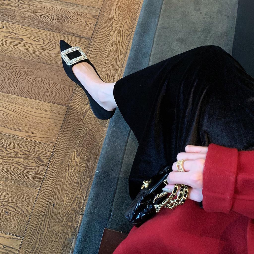 Korean drama heroine~ exquisite flash diamond square buckle temperament pointed head shallow mouth flat shoes low thick heel French celebrity single