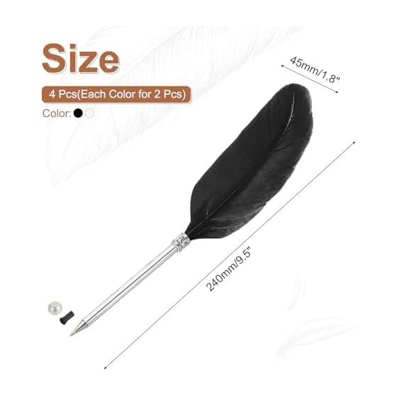 PATIKIL 4pcs Feather Pen Set, Fluffy Vintage Quill Pen with Ink, Elegant Plated Rod for Calligraphy, Signature, Guest Wedding Gift, Black & White