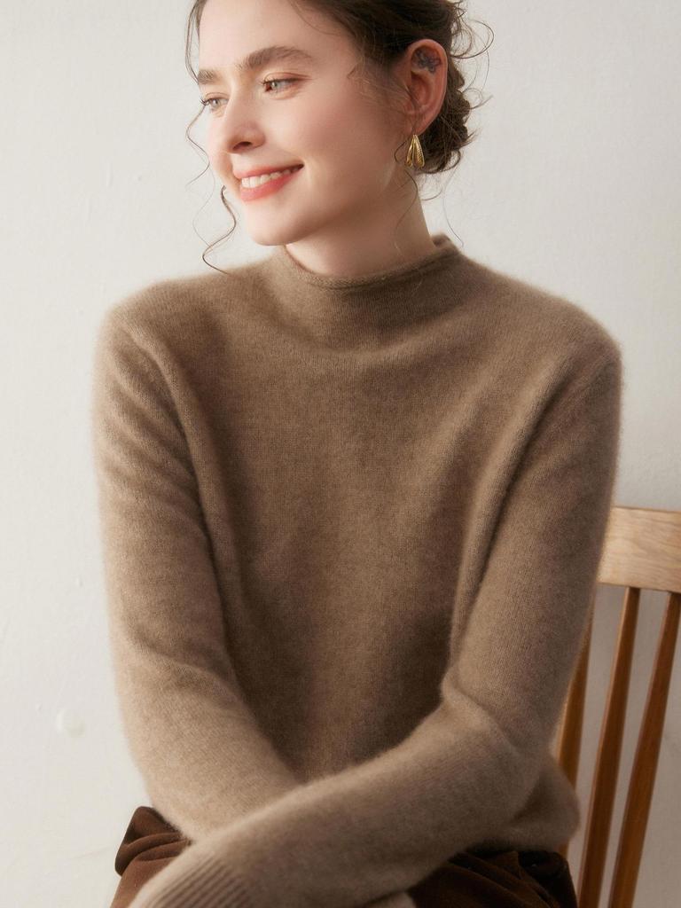 Women's Cashmere Knit Pullover: Seven-Stitch Rolled Hem, Half-High Collar, Solid Color Sweater