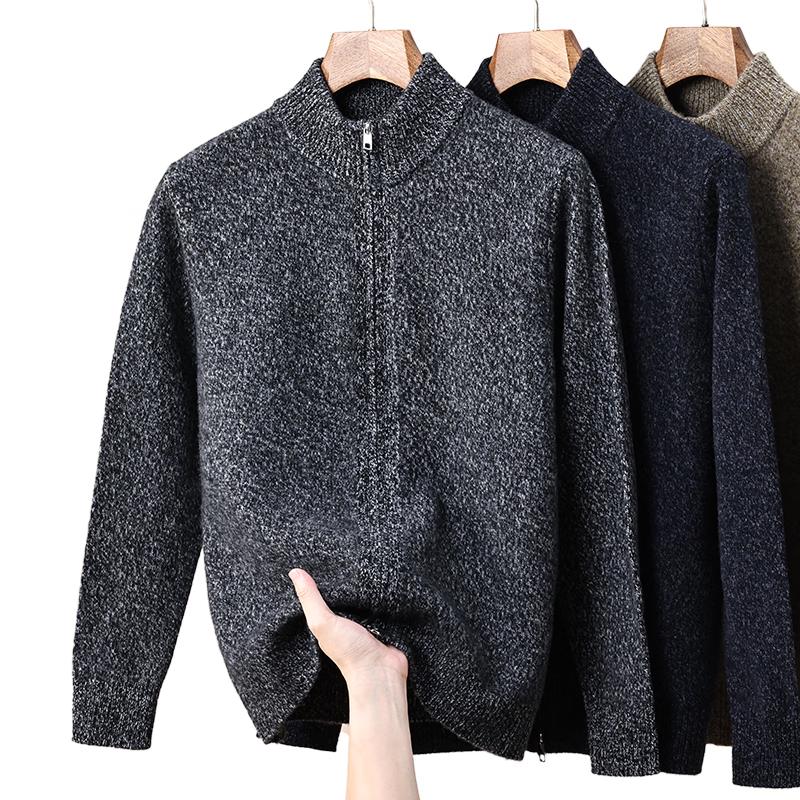 ROMON Men's 100% Pure Wool Half-High Collar Thick Knit Cardigan