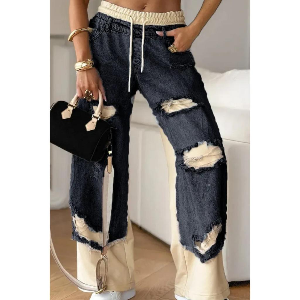 Ladies' High Waist Straight Leg Jeans - Street Style Sewing and Tearing Jeans, Regular Style Elegant Fashion Set, High Waist Jeans