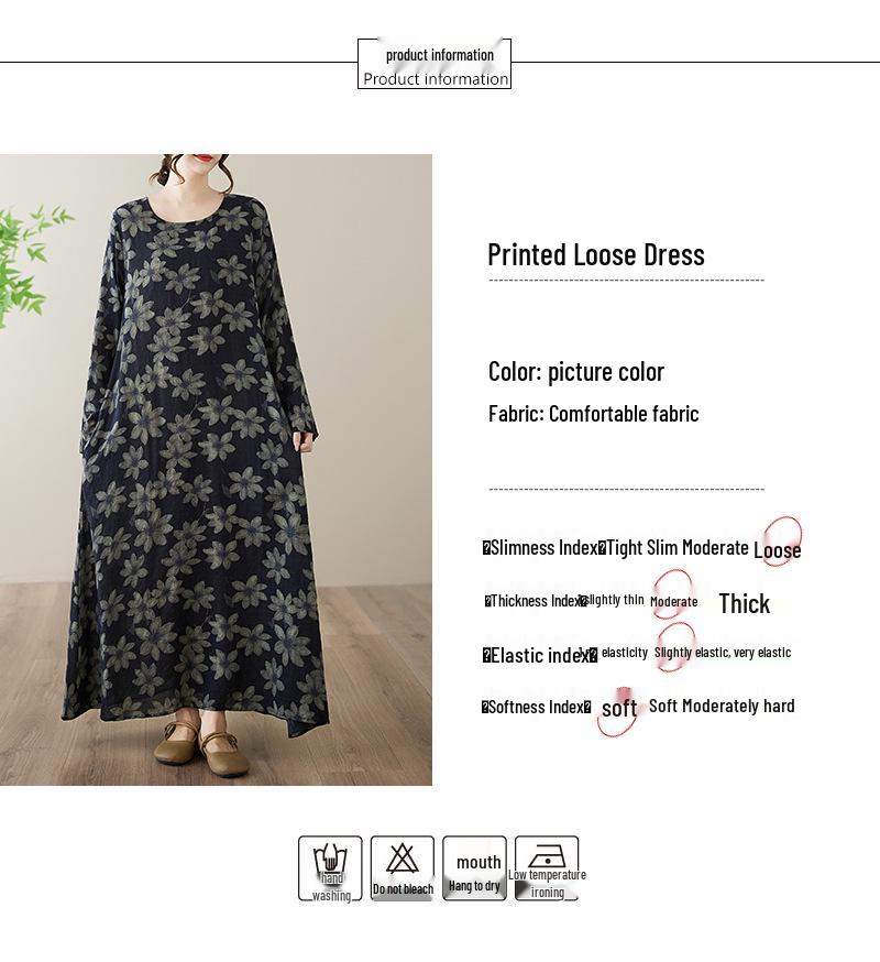 Plus Size Cotton Linen Printed Round Neck Long Sleeve Holiday Dress