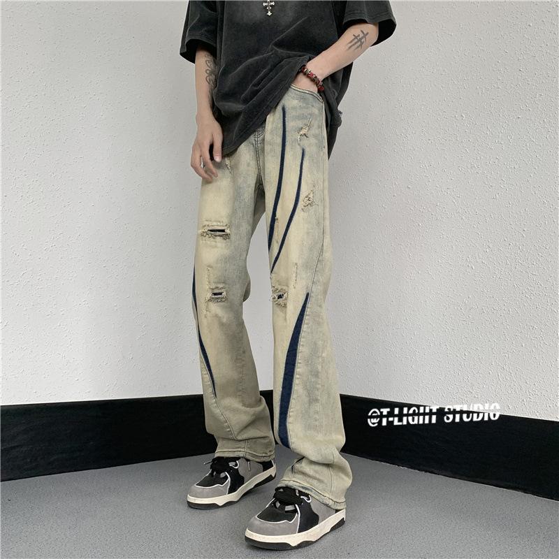 Ripped jeans men's summer loose straight large size ancient high pants