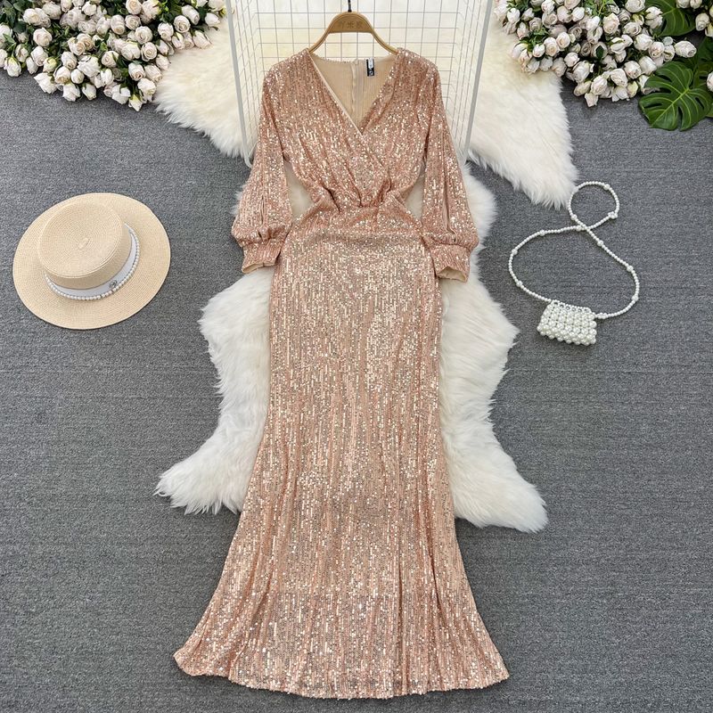 

Host Banquet Lantern Long Sleeve Dress Evening Dress Champagne color XL