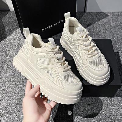 New Thick Bottom Heightening Women's Shoes Summer Mesh Breathable Beige Sneakers Casual Flat Bottom Casual Sports Board Shoes