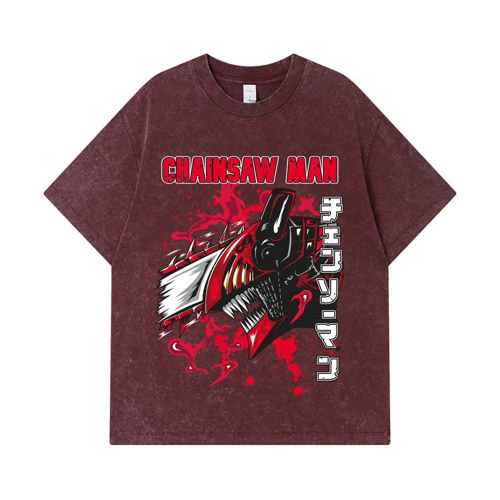275 GSM Washed T-shirts 100% Cotton Chainsaw Man V47 Denji Print Unisex Heavy Cotton T Shirt