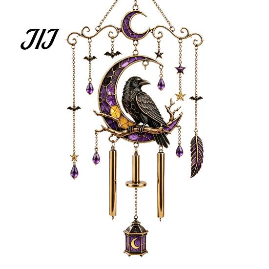 Bat Moon Themed Decor Halloween Stained Glass Style Wind Chime, Acrylic Suncatcher Hanging Ornament with Ghost Black Cat Artistic Window Light