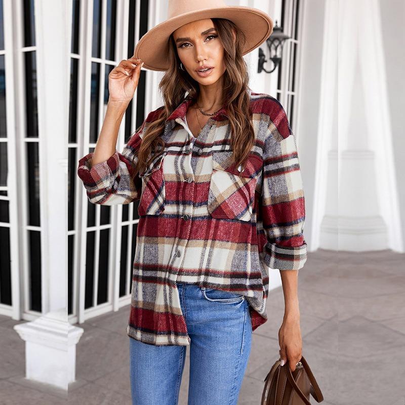 

Женская винтажная клетчатая рубашка с длинным рукавом, свободная, с воротником-лацканом, с цветными блоками, куртка XL красный