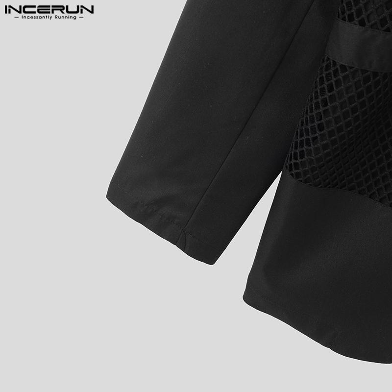 INCERUN Men Lapel Long Sleeve Hollow Mesh Patchwork One Button Casual Thin Blazer Coats
