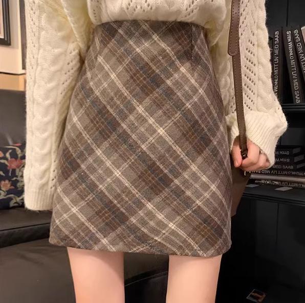 Women s High-Waist Plaid Wool A-Line Midi Skirt for Autumn/Winter 3XL