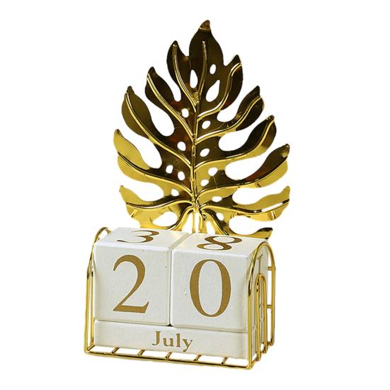 

Wooden Perpetual Block Calendar for Desk Wood Month Date Display Blocks with Iron Leaf/Heart Figurine for Home Office Decor A