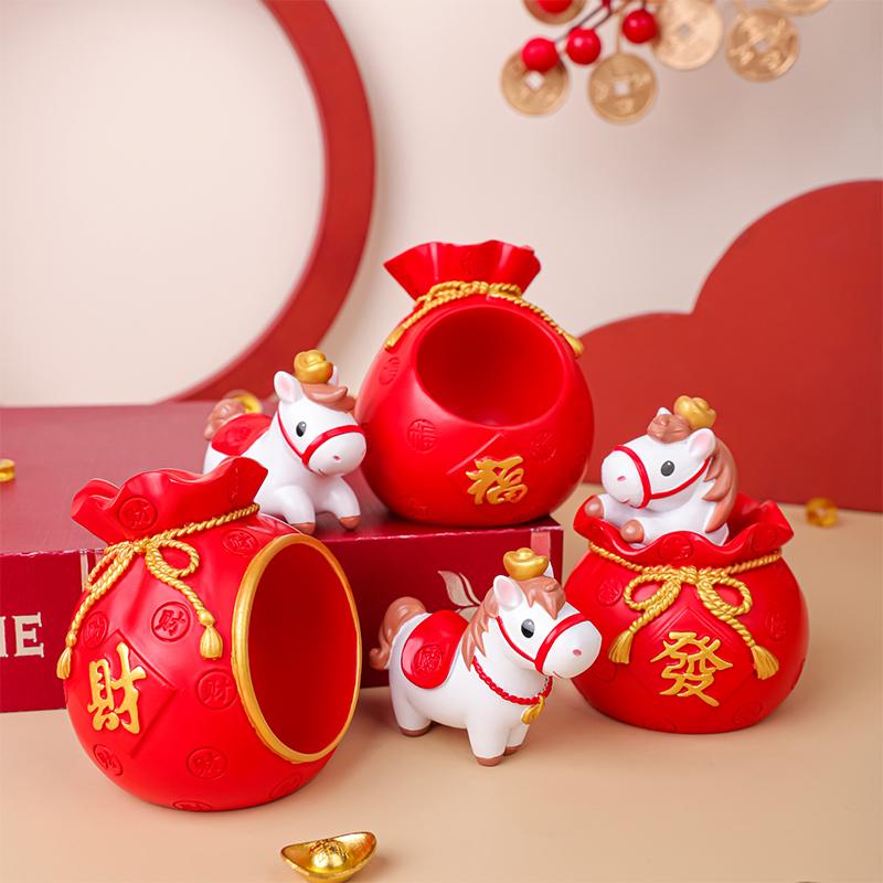 2026 Chinese Horse New Year Decor Red Envelope Resin Desktop Ornament Cute Lucky Horse Figurine Wealth Fortune Home Office Decor