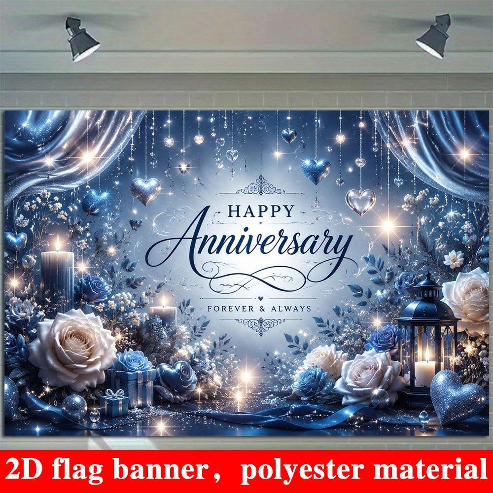 2D Flat Banner, Wedding Backdrop, Blue and White Roses, Heart Ornaments, Candle Lanterns