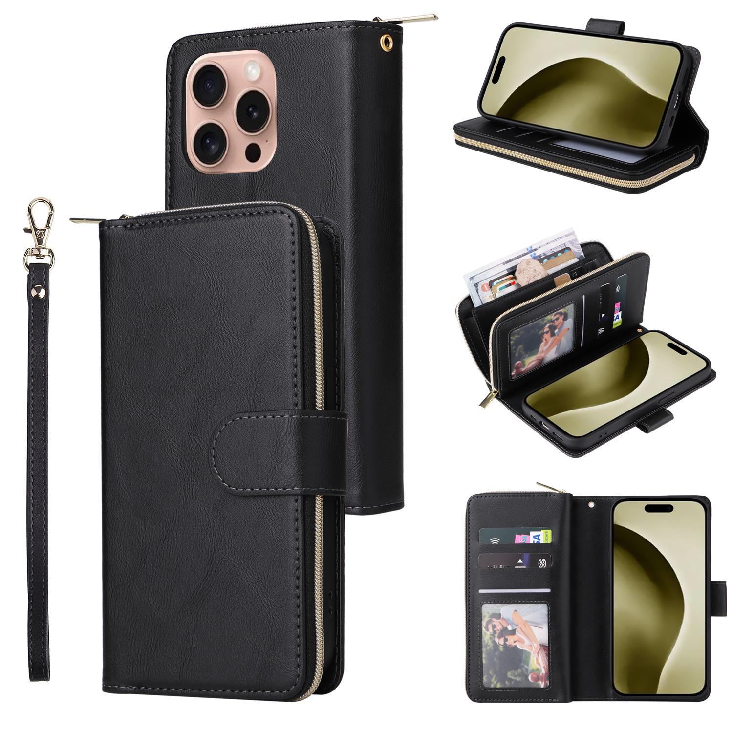 

For iPhone 16 Pro Case PU Leather Zipper Phone Cover with 9 Card Slots Black