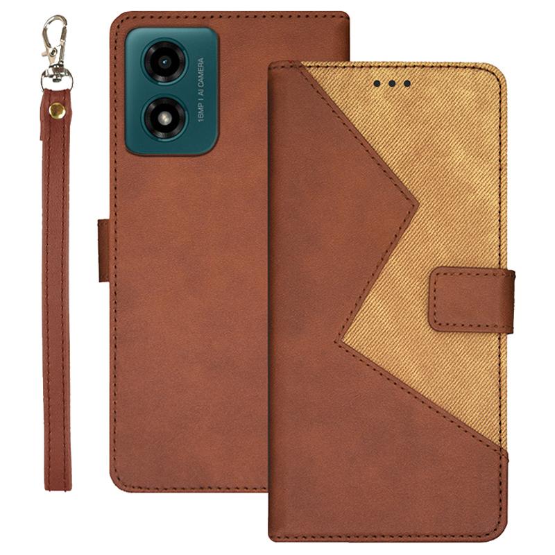 

IDEWEI For Motorola Moto E14 4G/G04 4G/G04s 4G/G24 4G Case Splicing Color Flip Leather Phone Cover Brown