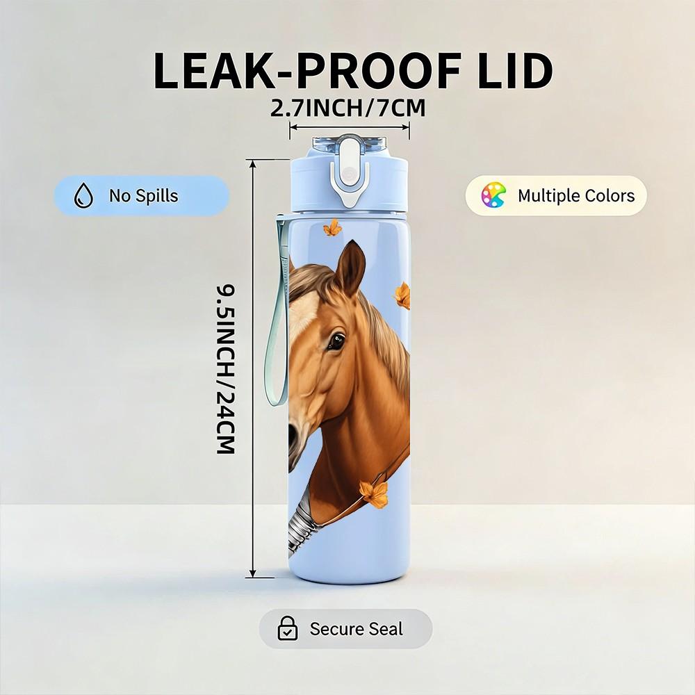 1PC Horse Head With Feather Decoration Print 750ml Color Plastic Sports Water Bottle Leakproof Flip Straw Lid Suitable for Sports Office Home Use