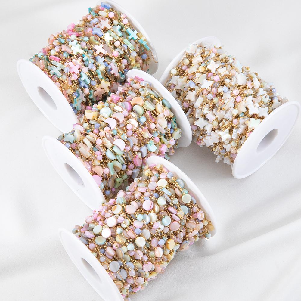 1Meter Stainless Steel Natural Shell Chains Colorful Heart Round Beaded Chains for DIY Necklace Bracelet Jewelry Making Supplies