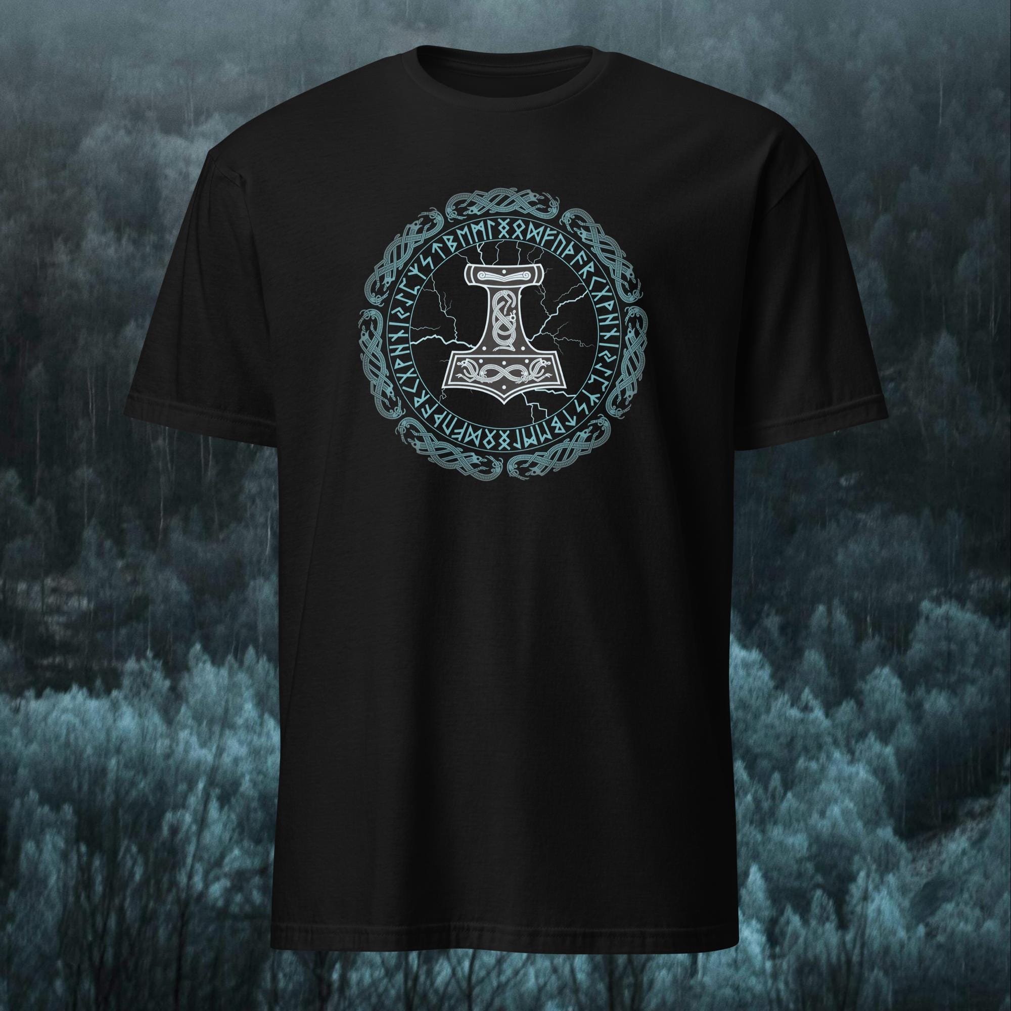 Mjolnir Hammer of Thor with Runes Short Sleeves Unisex Viking Men T Shirts S