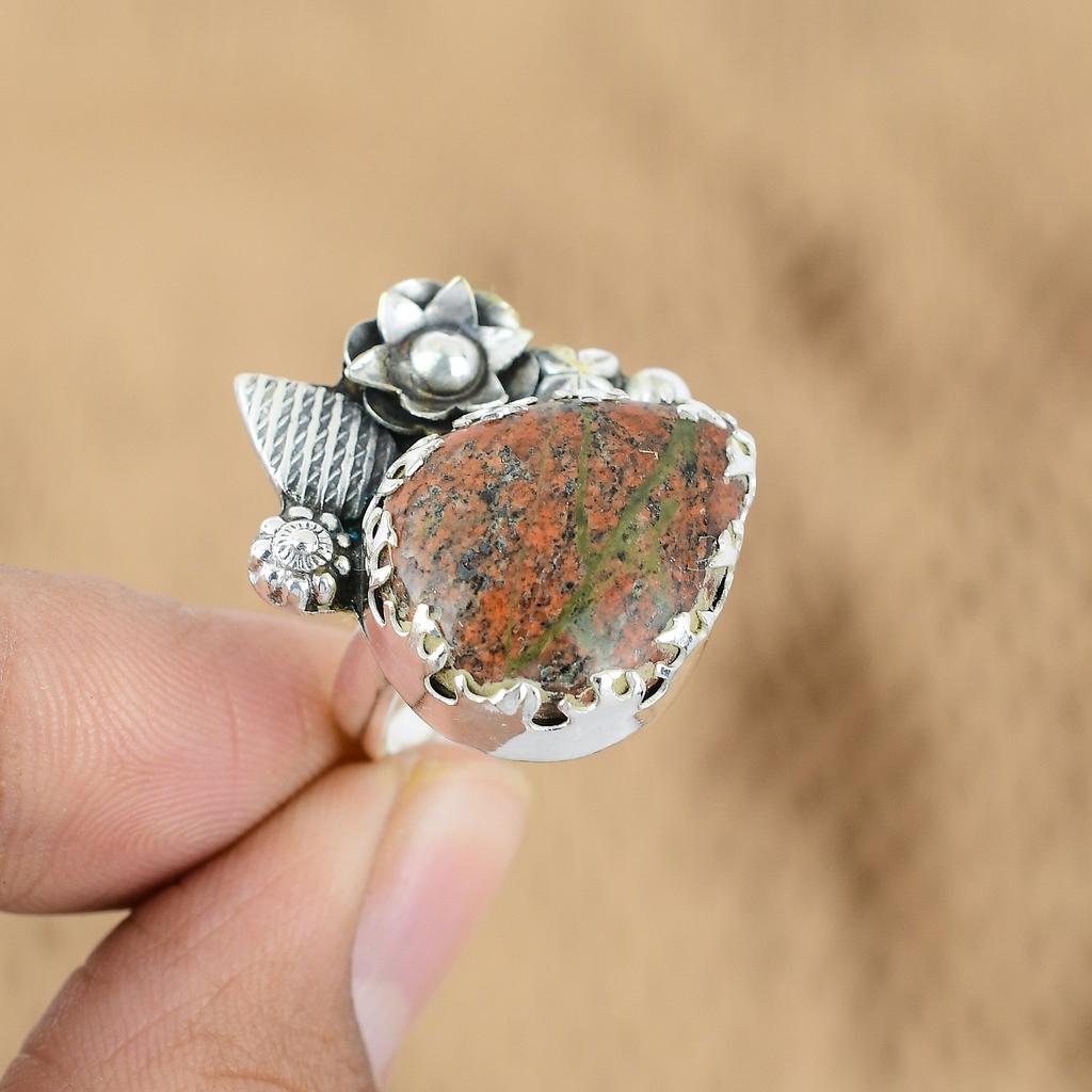Pear Natural Grass Garnet Sterling Silver Flower Promise Mother Multi Stone Ring