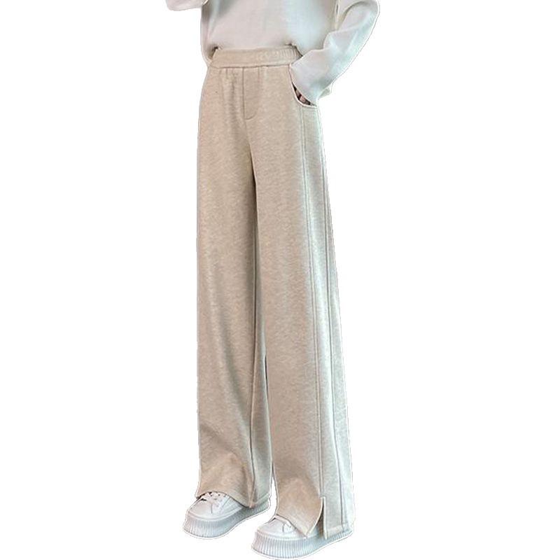 2026 Autumn/Winter Women's High-Waisted Herringbone Wide-Leg Pants with Plus Velvet and Slit, Slim Straight-Leg Design