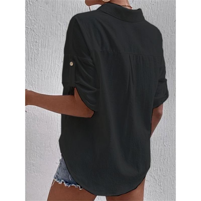 Women's Summer Shirt Short-sleeved Pocket Lapel Mid-length Cotton and Linen Shirt