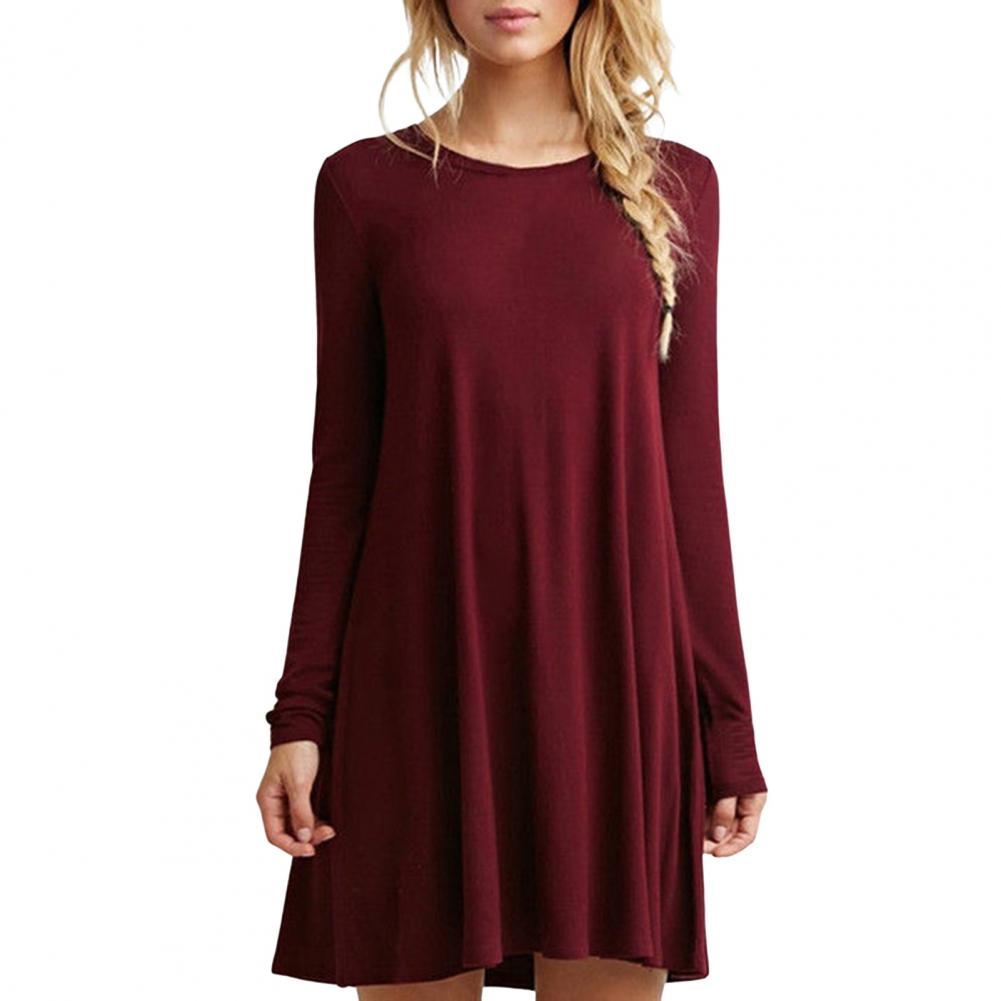 Fall Spring Women Dress Round Neck Loose Long Sleeves Pure Color A-line Pleated Mini Dress Casual Daily Wear School Work Short D