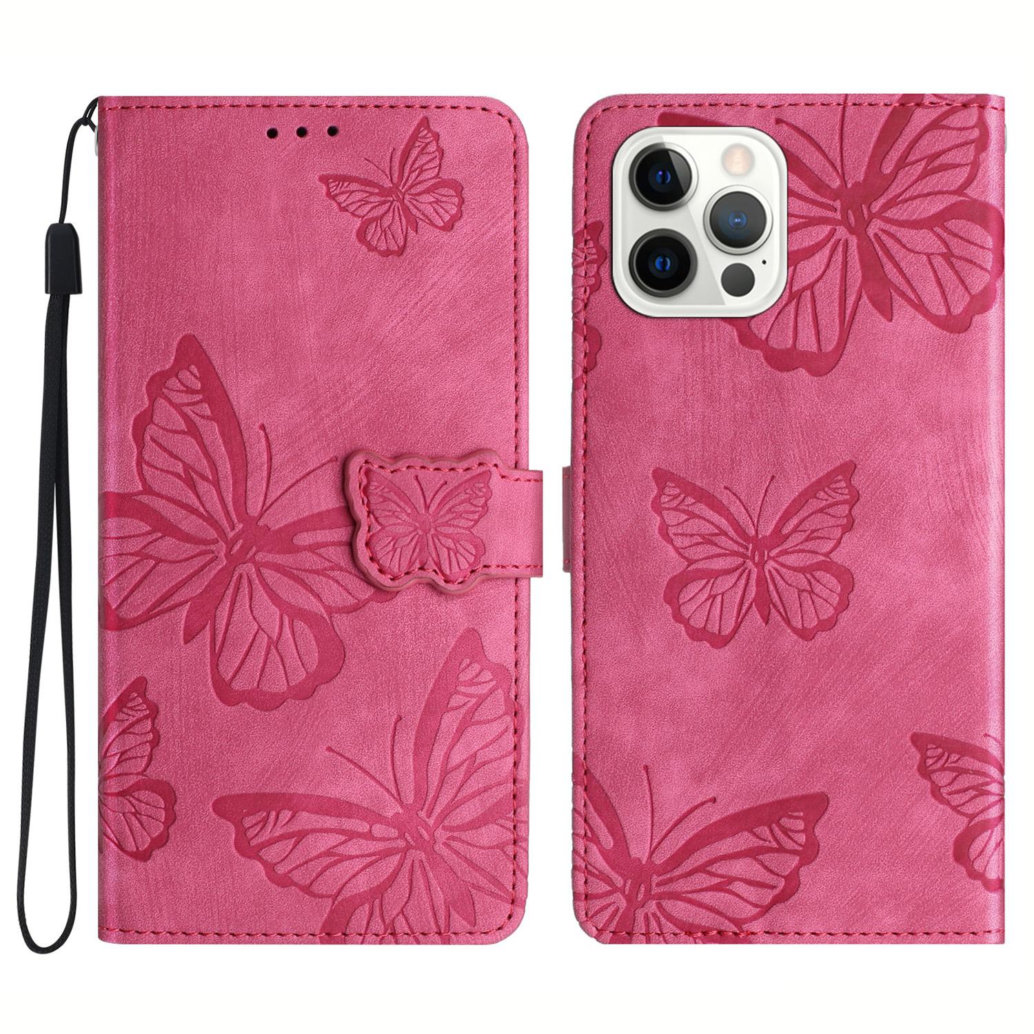 

For iPhone 12/12 Pro 6.1 inch Skin-touch PU Leather Stand Wallet Case Butterfly Imprinted Phone Cover Rose