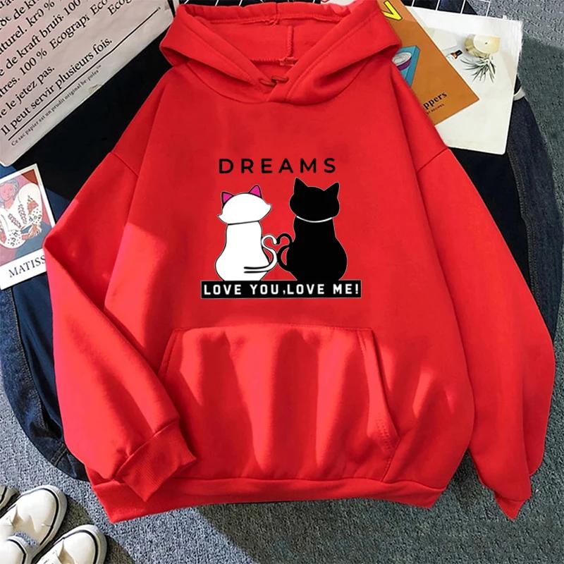 Lover Cats Printed Hoodie Women Casual Oversize Korean Style Fashion O-Neck Long Sleeve Pullover Autumn Winter Fleece Sweatshirt