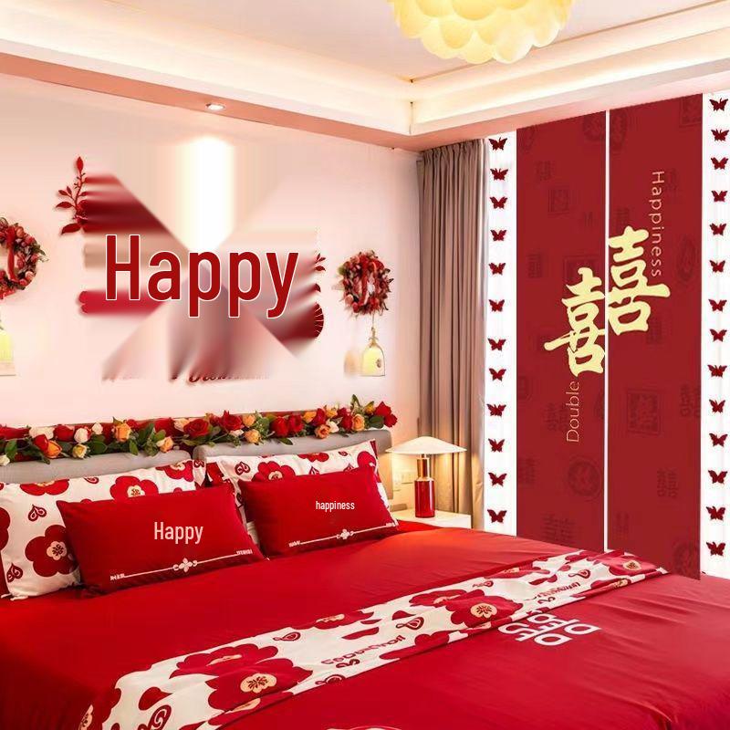 Wedding Room Decor: Double Happiness Banner for Bedroom Headboard & Curtains.