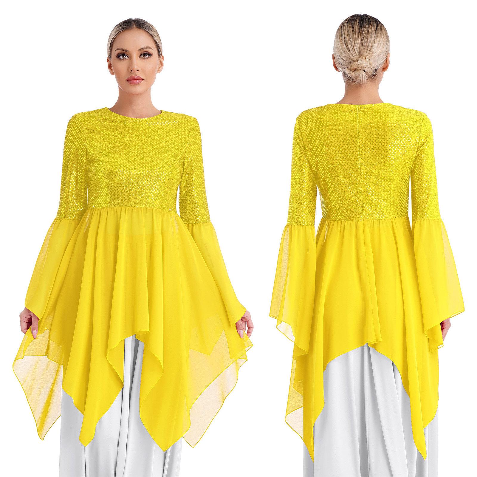 

Жіночий танцювальний костюм для хвали, накладна туніка, блискітки, ліричне поклоніння, літургійне танцювальне плаття L жовтий