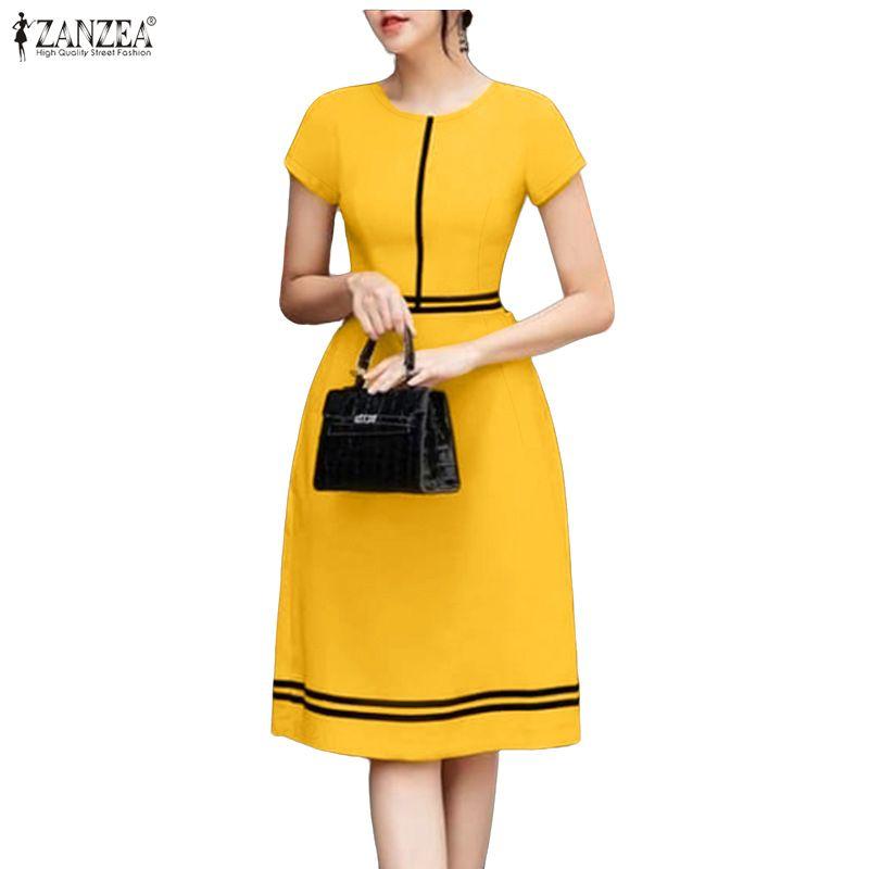 ZANZEA Women Casual Round Neck Short Sleeve Splice A-line Dress
