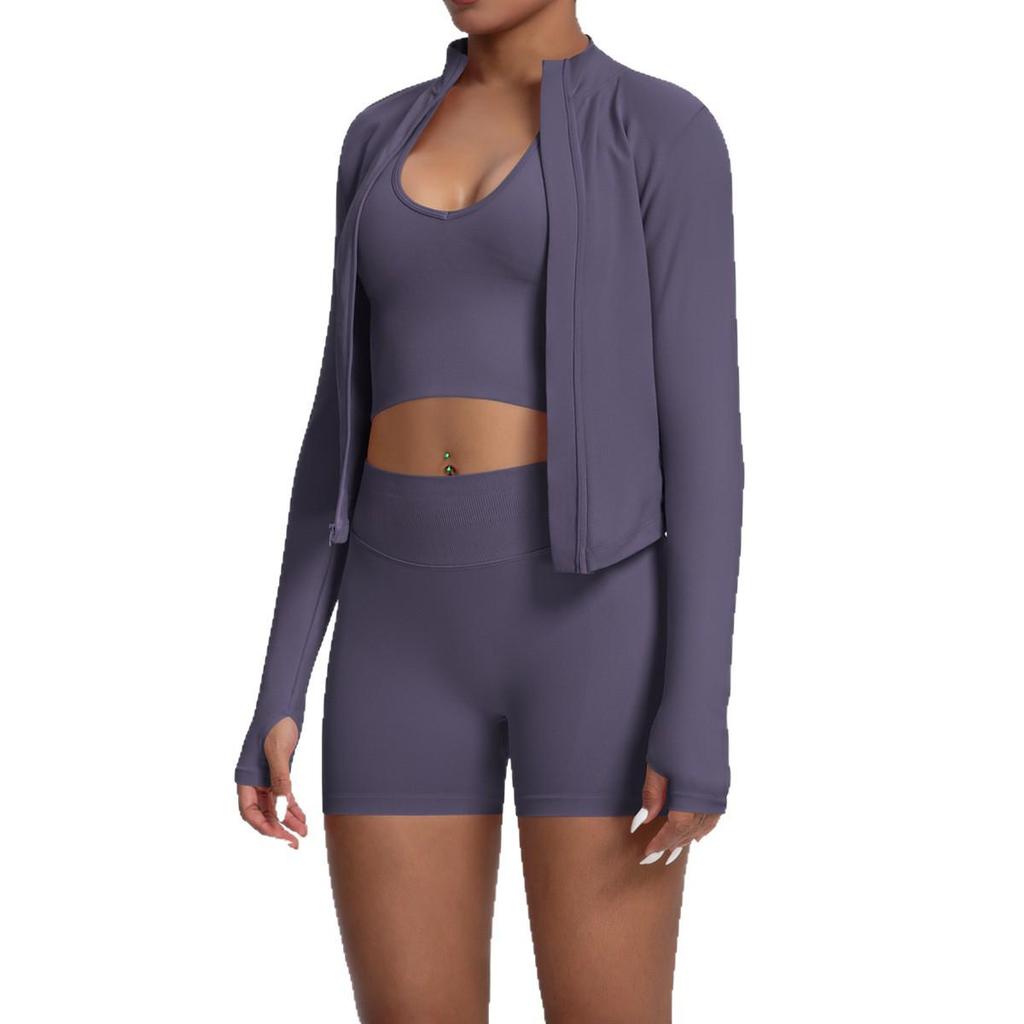 Women's European & American Sports Casual Three-Piece Set: Knitted Long Sleeve Zipper Jacket, Sports Vest, & Shorts Fitness Wear.